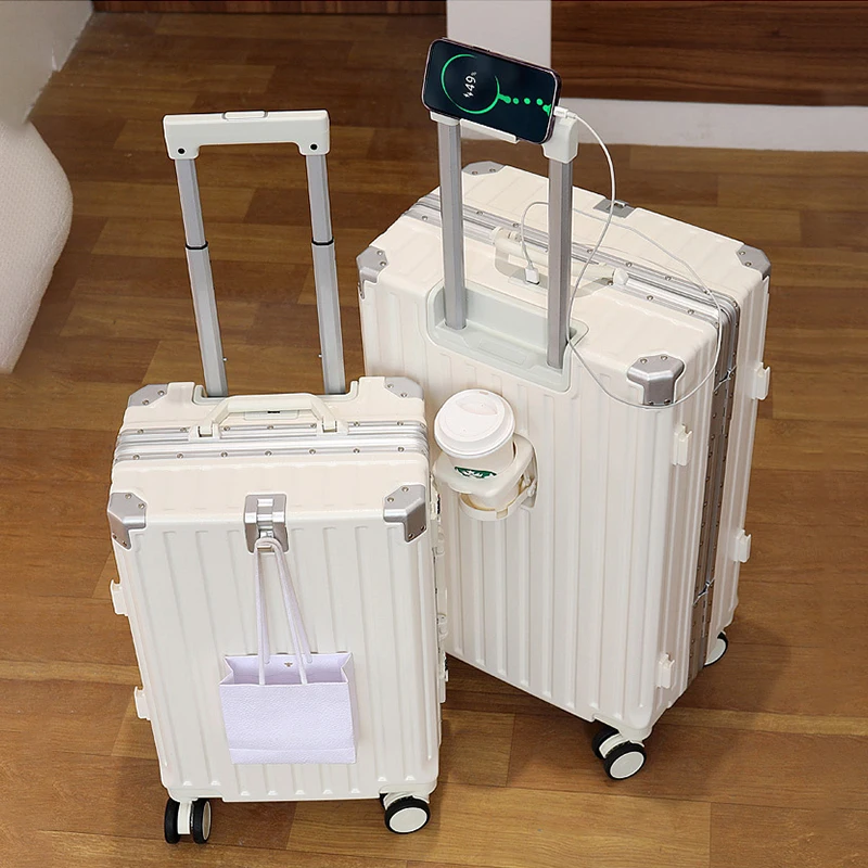 Multifunktions-Koffer, Gepäck mit USB-Getränkehalter, Aluminiumrahmen, Passwort-Trolley, 20/24/26/28 Zoll Koffer, Auslösekabine