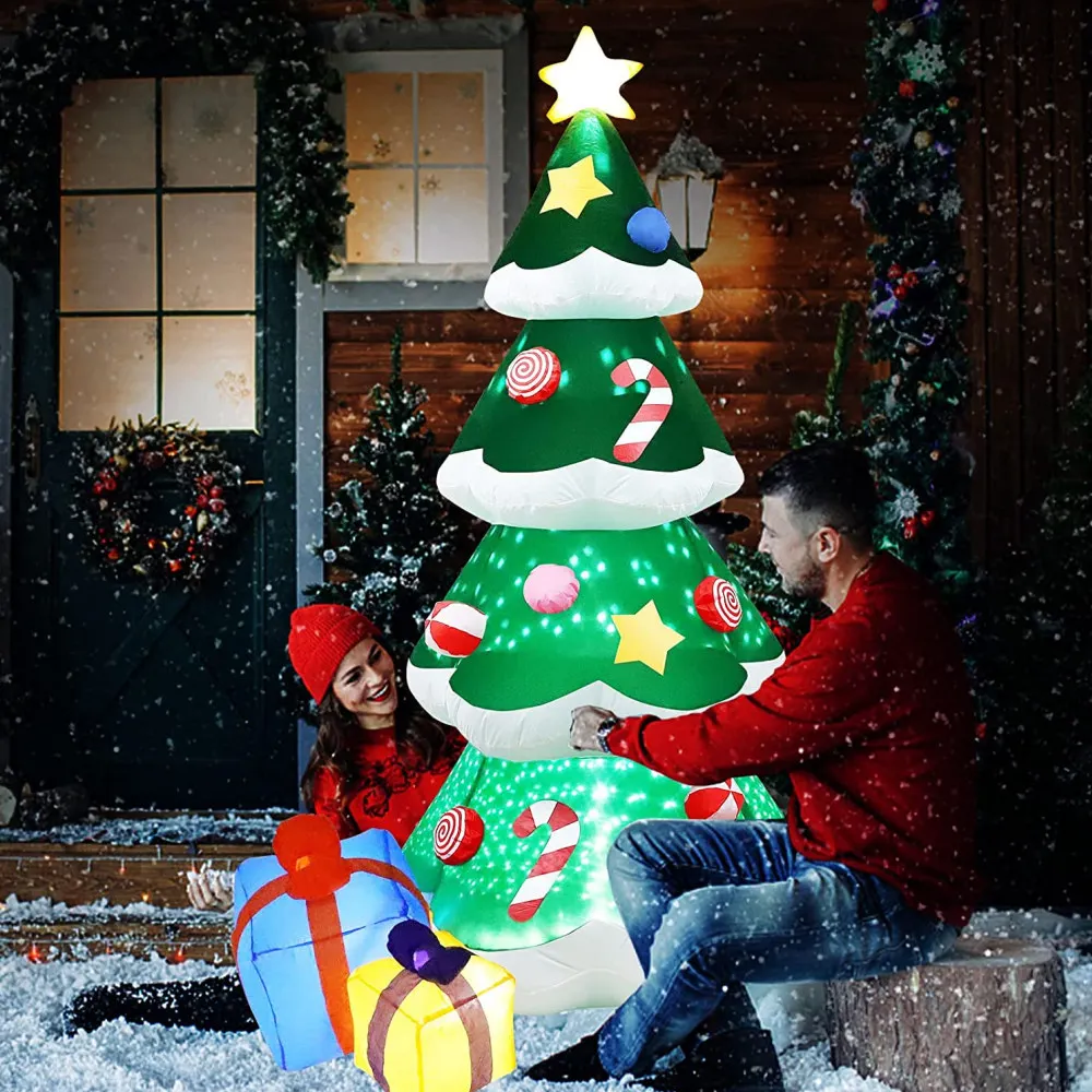 LEDライト付きインフレータブルクリスマスツリー、屋外クリスマスオーナメント、屋内装飾おもちゃ、パーティーギフト、新年、2.1m、7フィート