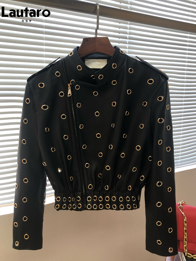 Lautaro outono curto dupla-face oco plutônio jaqueta de couro feminino rebite zíper legal high end designer de luxo moda europeia