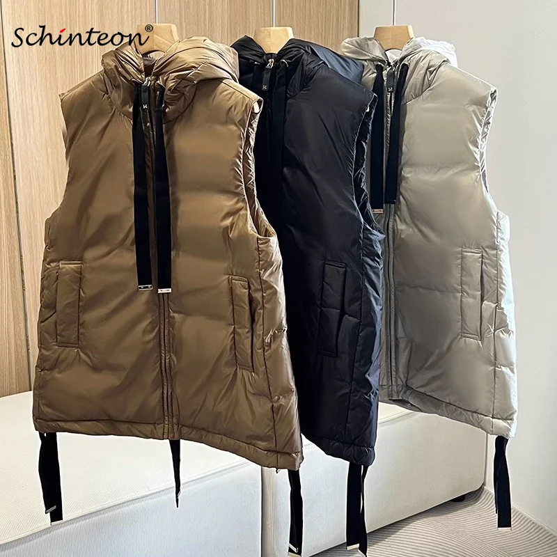 Schinteon feminino 90% pato branco para baixo colete com capuz casual sem mangas jaqueta simples cor sólida moda outono inverno topo 2025