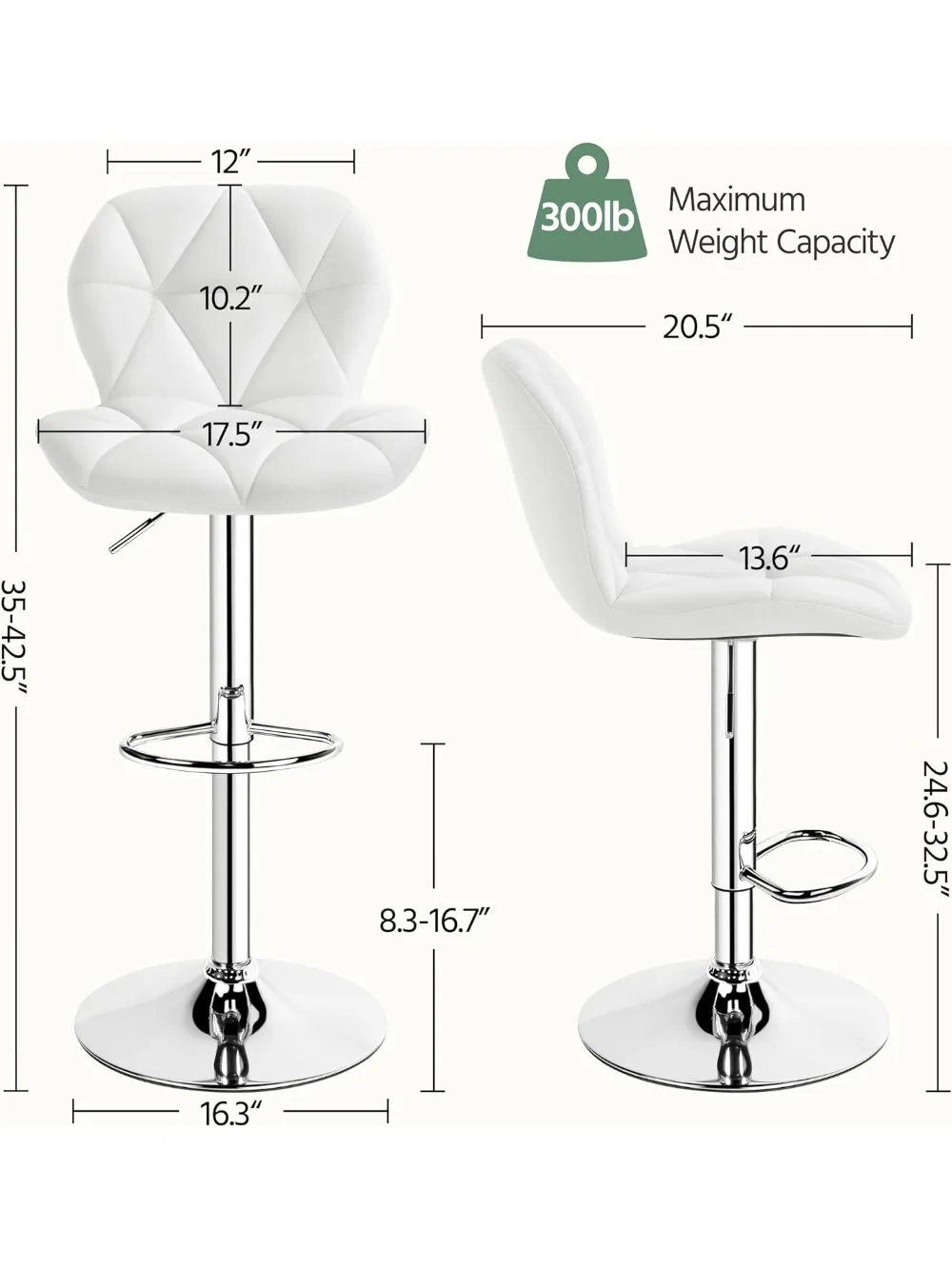 Barstools Set of 2, PU Leather Counter Stools Bar Chairs with Backrest, Height Adjustable Swivel Tall Chairs for Home