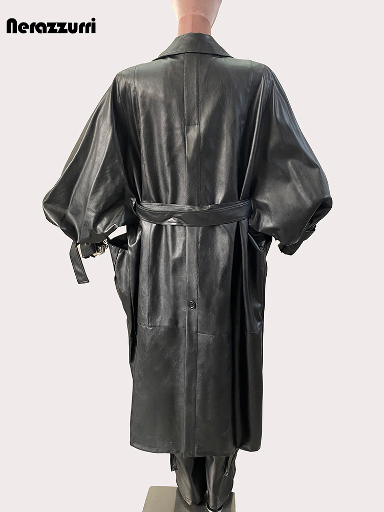 Nerazzurri Frühling Herbst lange übergroße wasserdichte schwarze weiche Pu Leder Trenchcoat für Frauen Gürtel Luxus Designer Kleidung