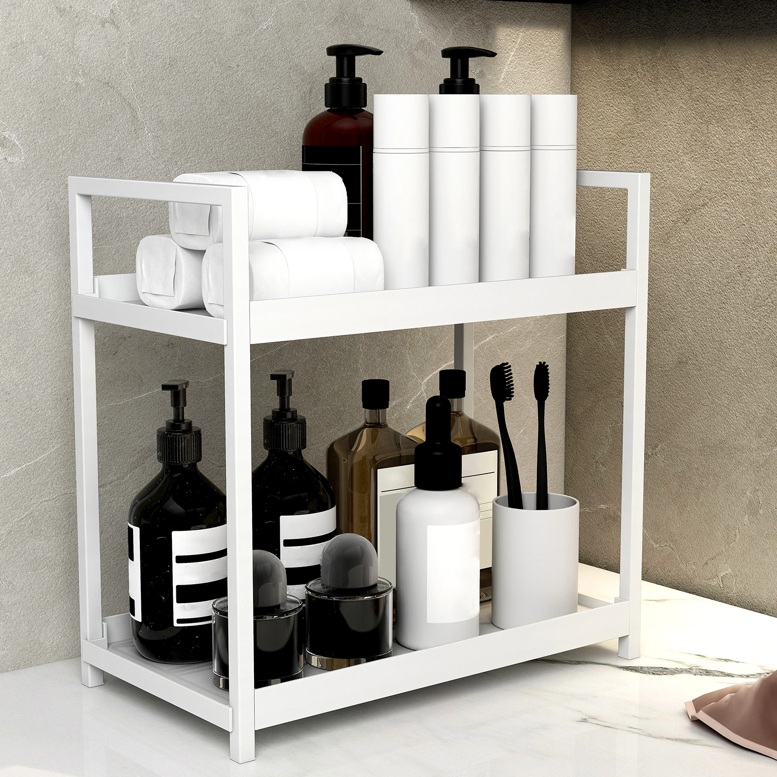 Estante de almacenamiento multifuncional para encimera de 2 niveles, almacenamiento de cosméticos para el baño, soporte para especias de cocina, gran capacidad, blanco y negro