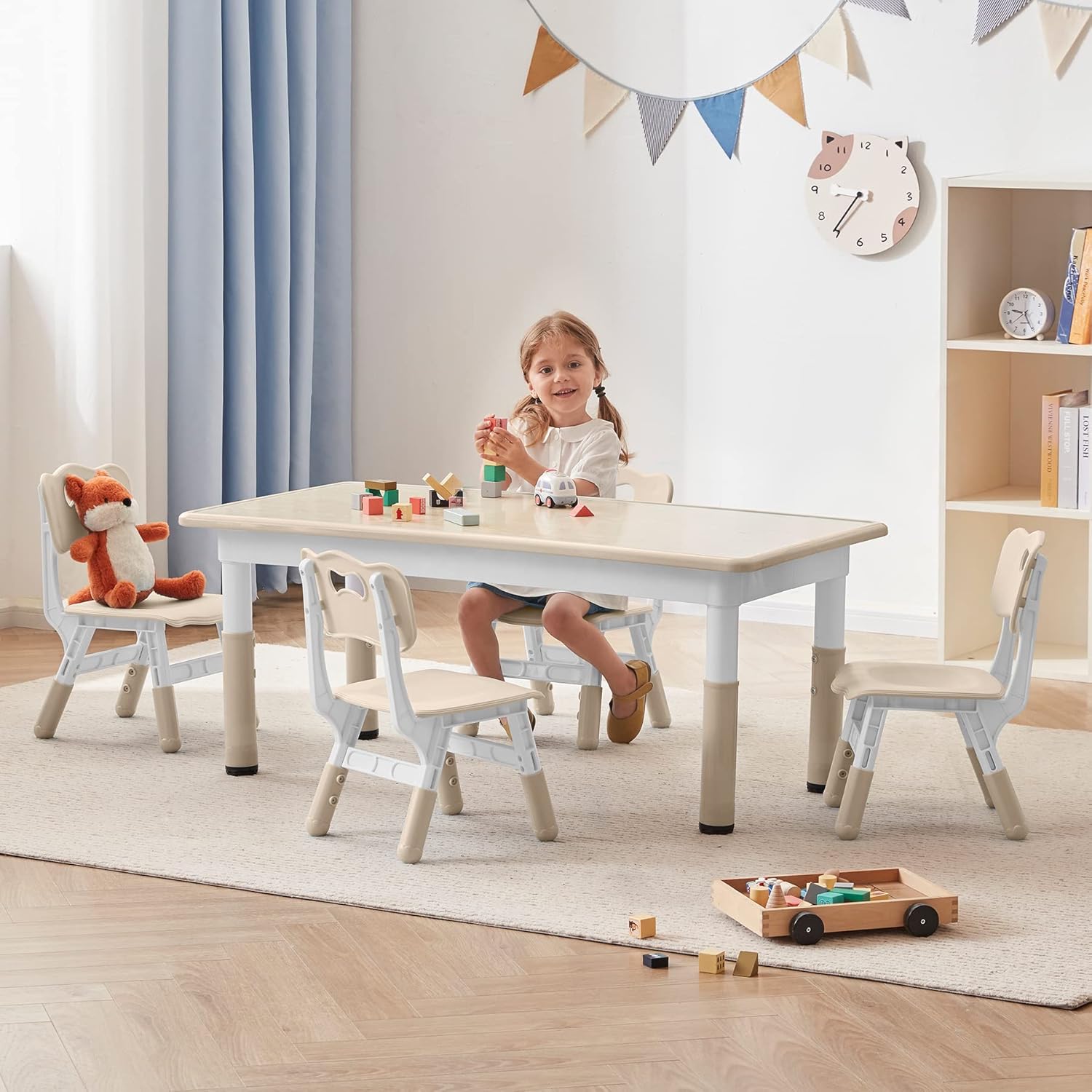 Toddler Table And Chairs Set For 4, 47.2''L X 23.6''W Kids Study Table And Chair Set, Height-Adjustable, Graffiti Desktop,