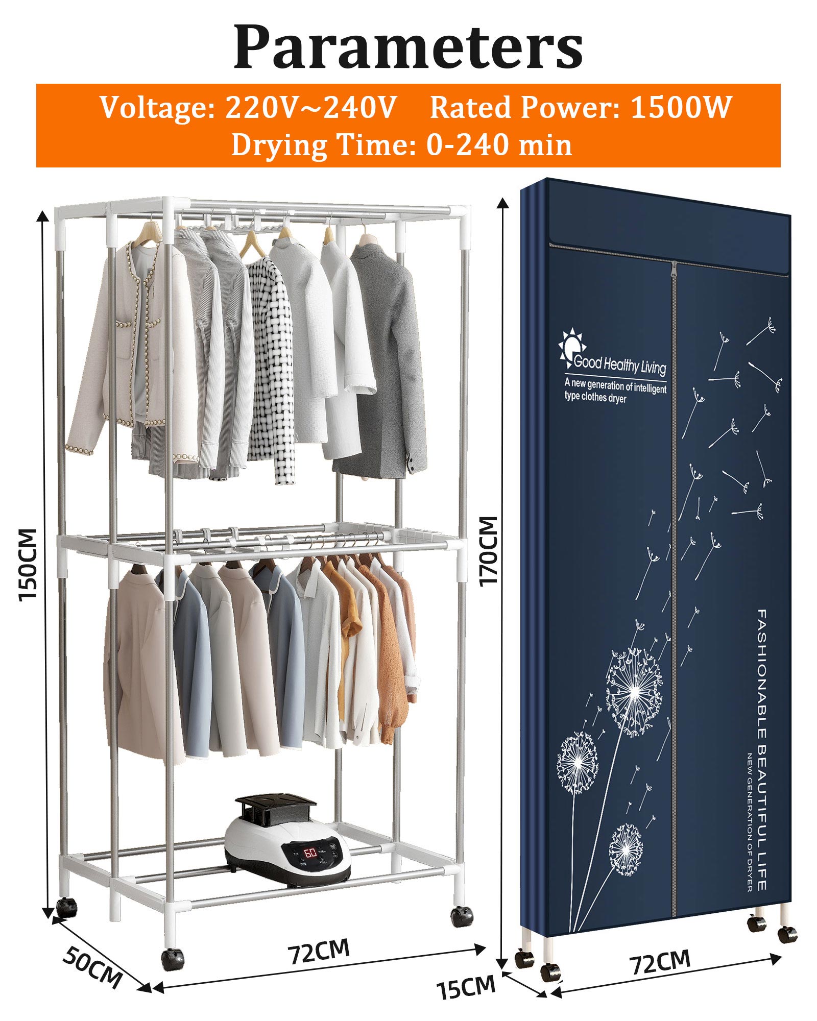 Sèche-linge électrique Portable, sèche-linge chauffant 220V-1500W, sèche-linge chauffant avec minuterie, sèche-linge électrique