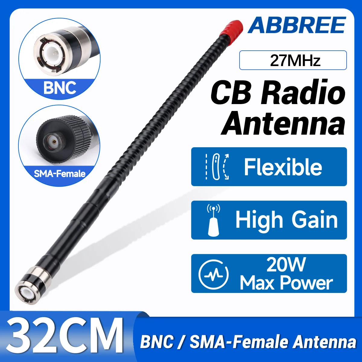 ABBREE CB-Funkantenne, 27 MHz, hohe Verstärkung, SMA-Buchse, BNC-Peitschenantenne für Quansheng TK11 RT-880G UV-88 UV-98 Plus Walkie Talkie