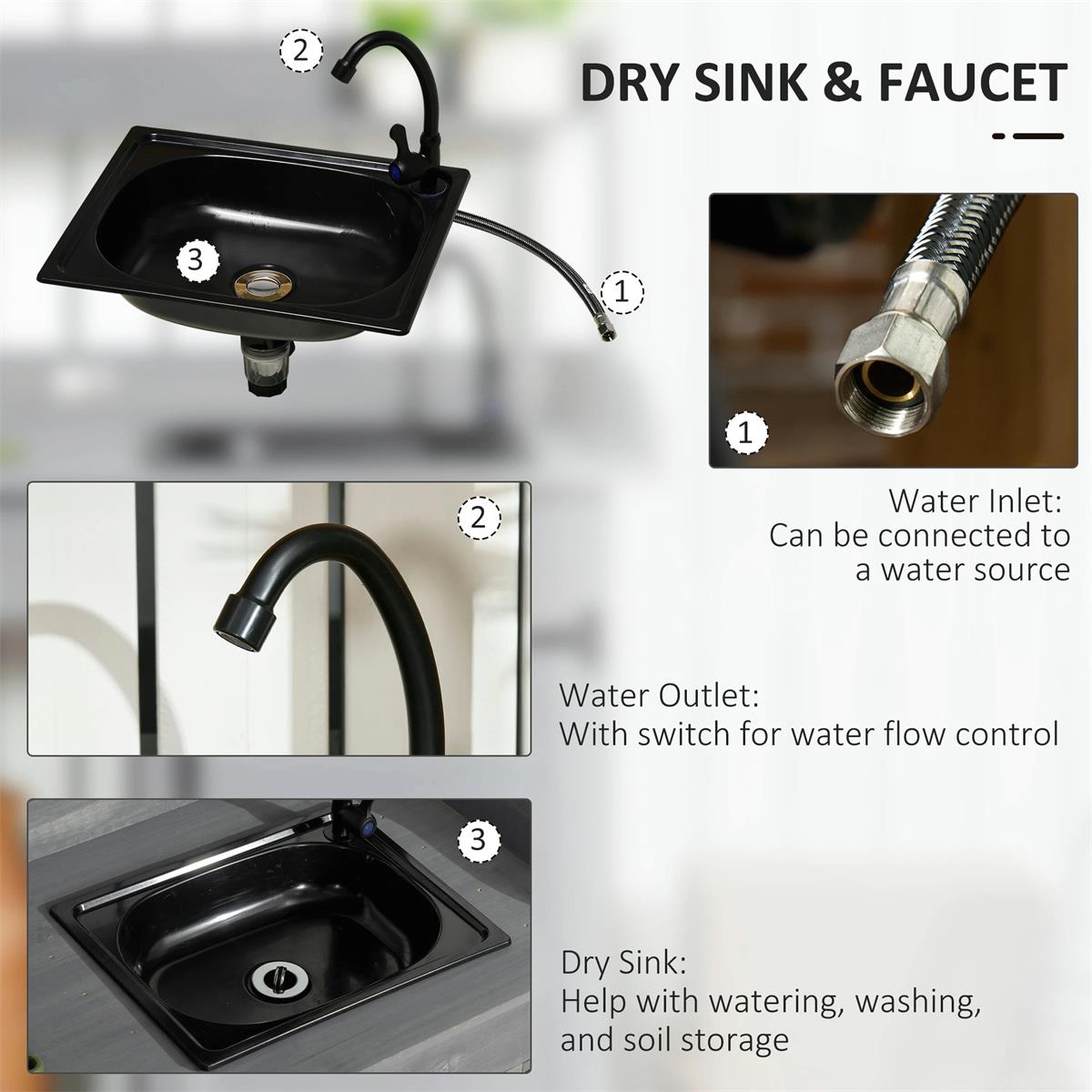 Gray Outdoor Potting Bench with Sink & Faucet, Hooks & Storage Cabinet - Perfect for Gardening