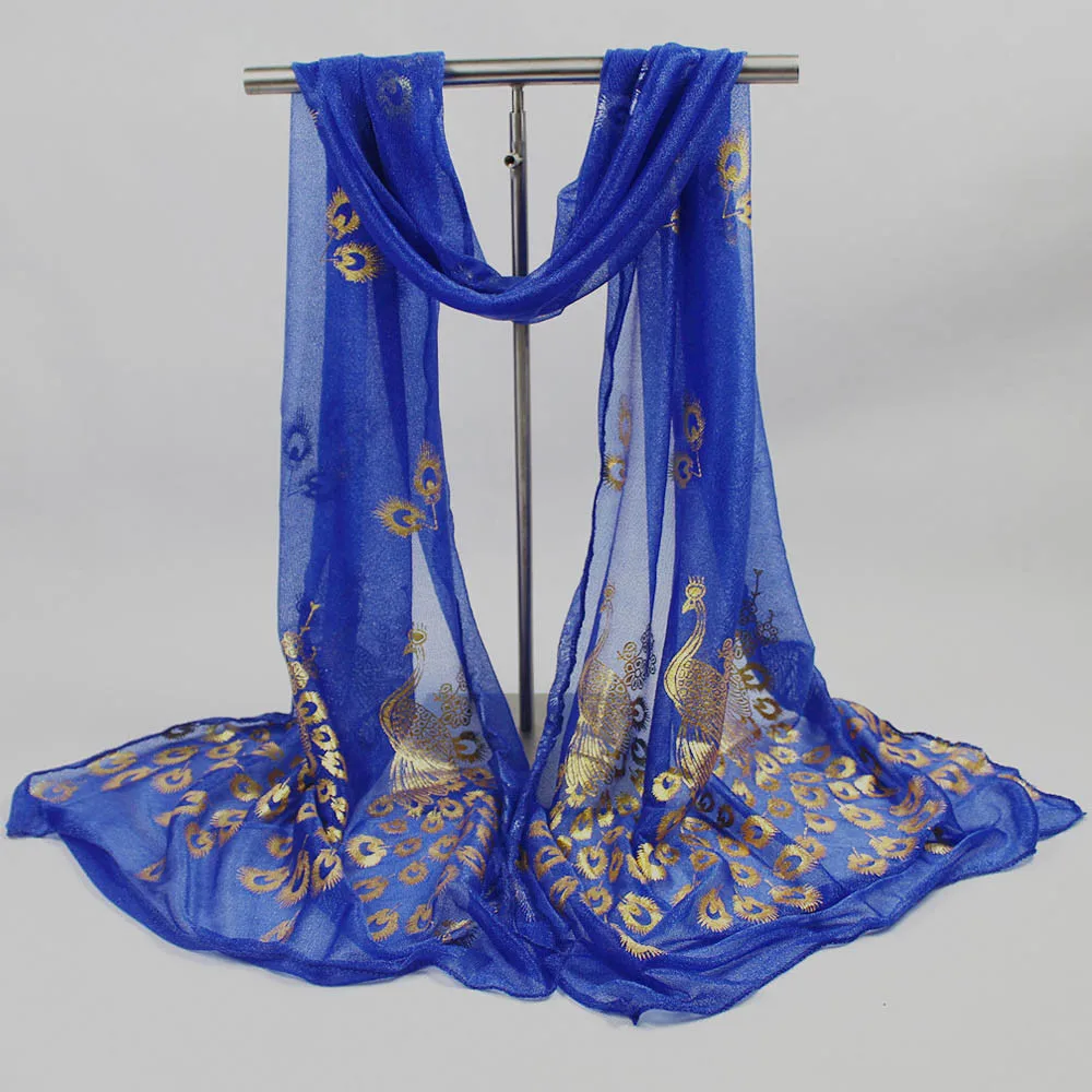 Eleganter Pfau bedruckter Hijab Gold Glitter Polyester Schal für Frau einfarbige Schals Sommer Sonnenschutz Stirnband 170*60cm