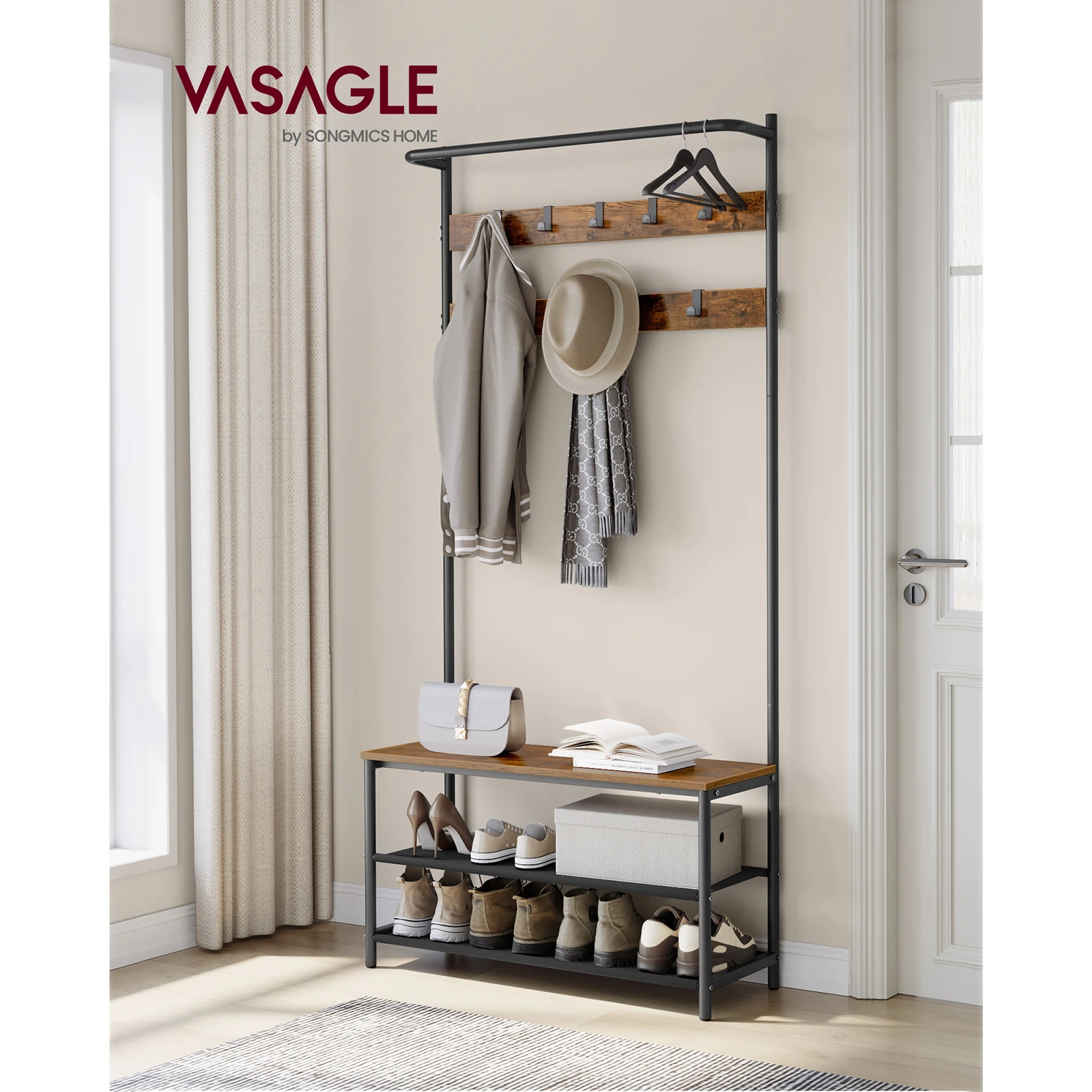 VASAGLE Perchero Zapatero, Perchero Recibidor, con Banco Zapatero, 9 Ganchos Extraíbles, Barra Superior, 32,2 x 84 x 180 cm, Entrada Dormitorio, Industrial, Marrón Rústico y Negro