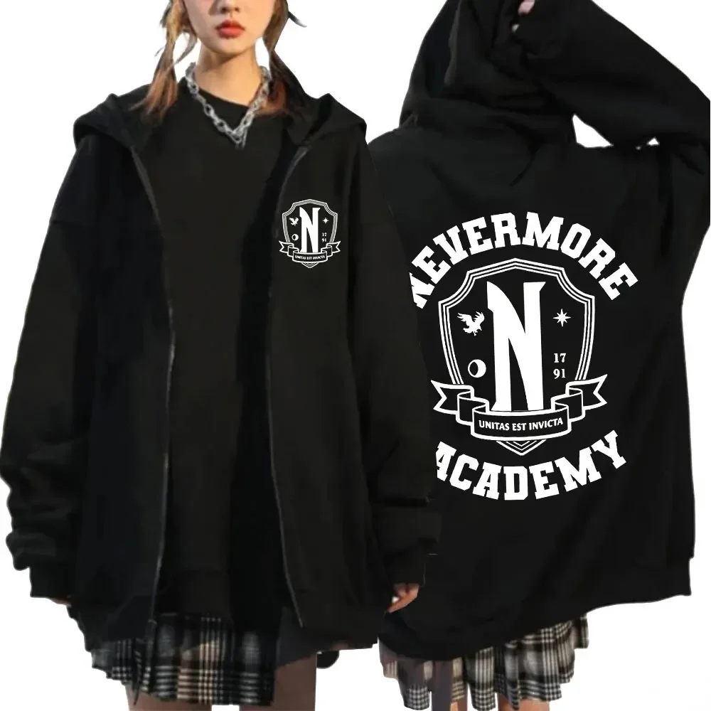 Mannen Vrouwen Nevermore Academy Logo Print Grafische Rits Hoodie Casual Lange Mouw Harajuku Oversized Zip Up Jassen Hoodies
