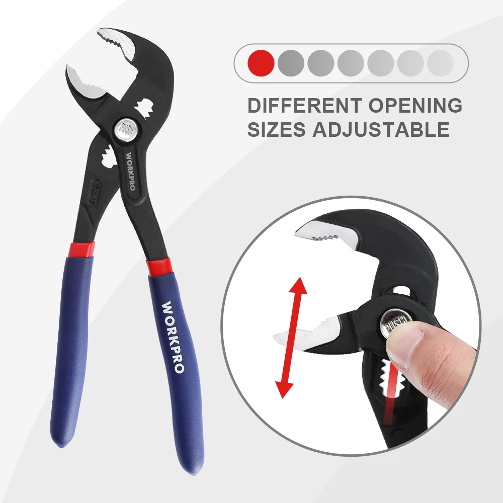 WORKPRO-Alicates para bomba de agua, 2 piezas, 7 "y 10", ajustable, ajuste rápido, alicates para juntas de ranura de mandíbula curva, mango cómodo antideslizante