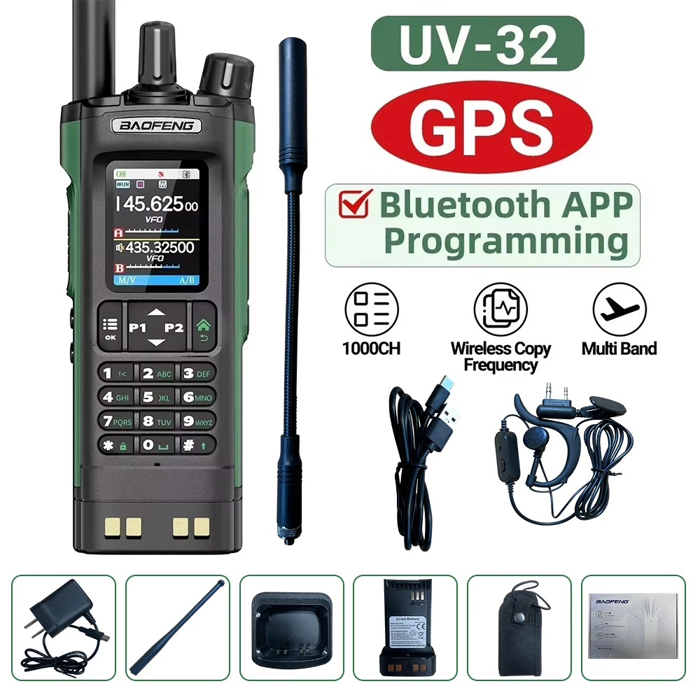 BAOFENG UV-32 GPS Walkie Talkie 10W Multi banda Bluetooth programación frecuencia de copia inalámbrica NOAA Radio bidireccional Ham de largo alcance