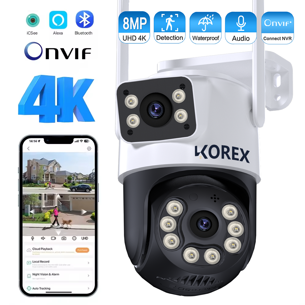 Cámara WiFi iCSee de 8MP, 4K, PTZ, pantallas duales, seguimiento automático, visión nocturna, cámara de vigilancia CCTV para exteriores, cámara IP de seguridad de 6MP