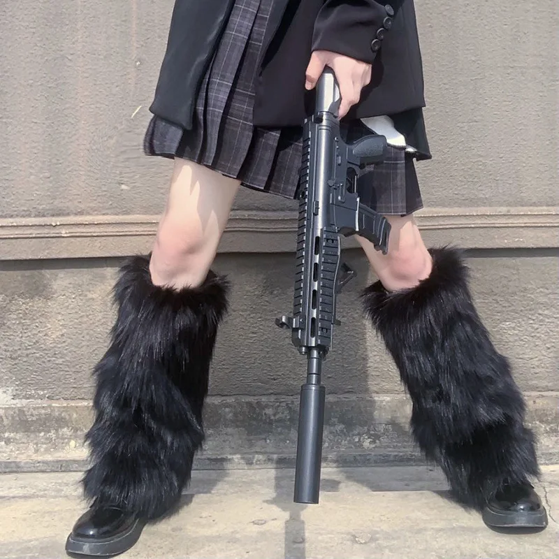Calentadores de piernas de piel Artificial para mujer, calcetines de punto blancos y negros de otoño e invierno de Lolita japonesa, calentadores de piernas para mujer