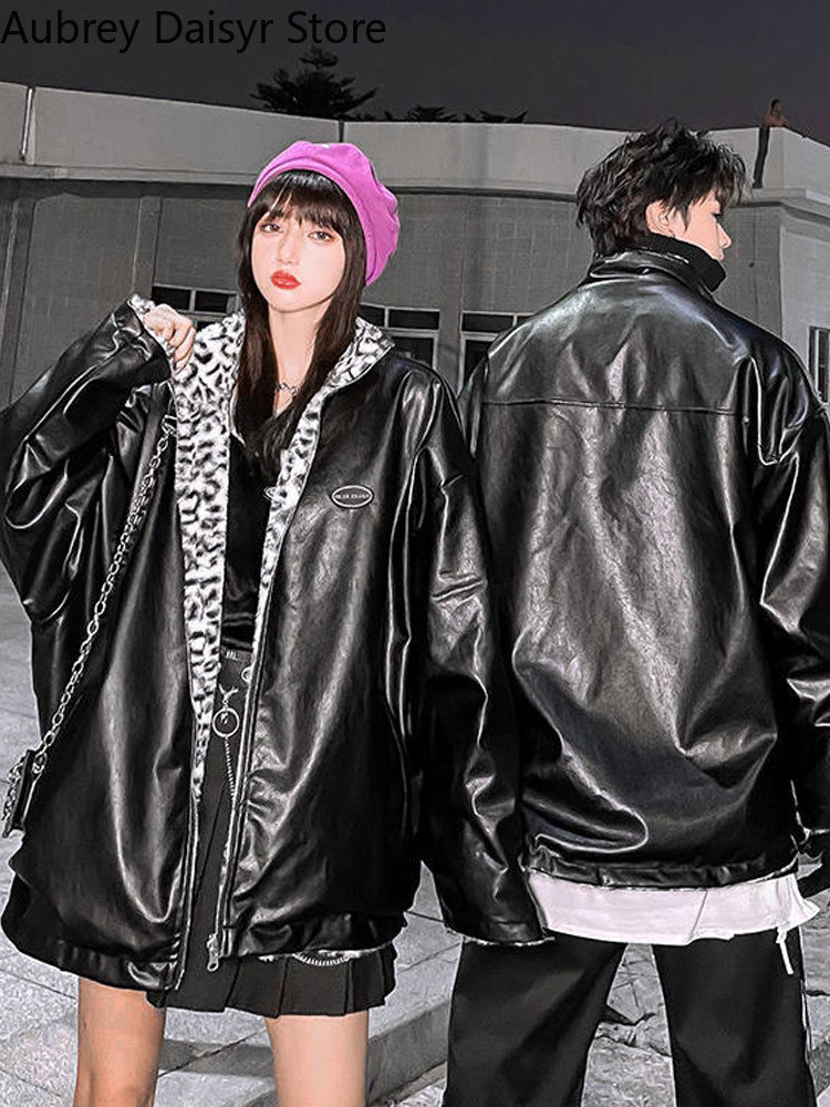 Winter Warme Leder Jacke Frauen Dicke Leopard Print Faux Lamm Pelzmantel Harajuku Schnee Lose Futter Reversible Tragen Mantel Weibliche
