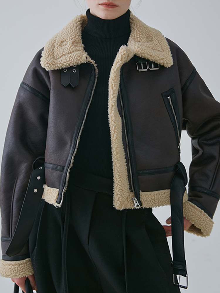 Ailegogo-Jaqueta feminina de pele de cordeiro falso, casaco vintage solto grosso e quente, outwear feminino com zíper, cinto emendado, outono e inverno