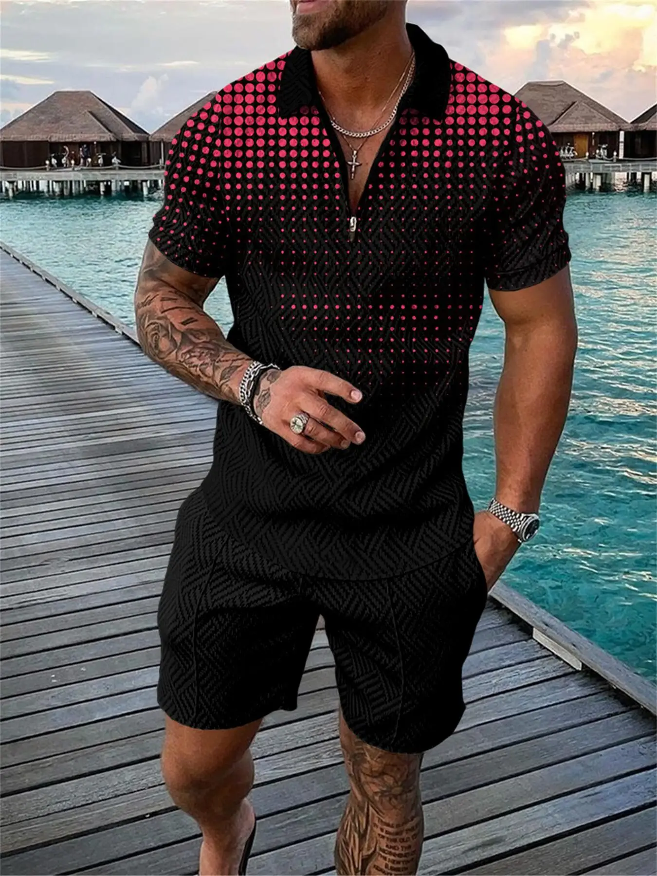 Lustige 3D Polka Dot Print Herren Kurzarm Sets Mode Reißverschluss Poloshirt Shorts 2-teiliges Outfit Sommer Straßenkleidung Freizeitanzug