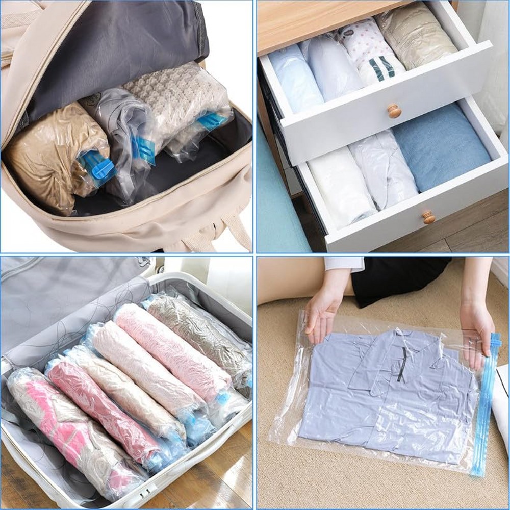 Paquete de 8 bolsas de compresión enrollables, bolsas de almacenamiento al vacío reutilizables para organizador de viaje, ahorro de espacio en maleta, No requiere bomba