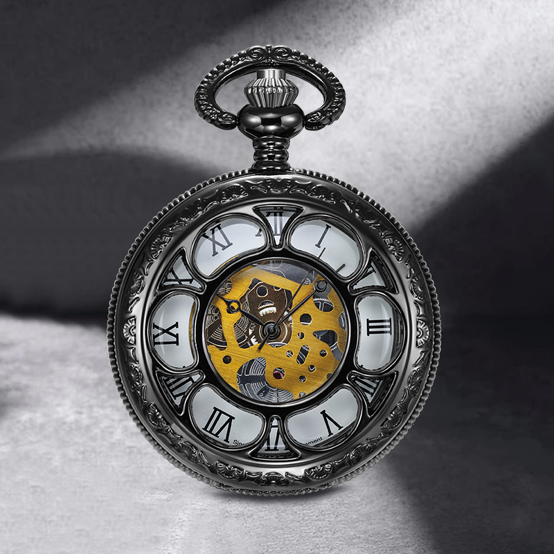 Relógio de bolso de quartzo com dedos redondos, grande moda, esqueleto dourado exclusivo, design flip de girassol com corrente espessada, adequado para al