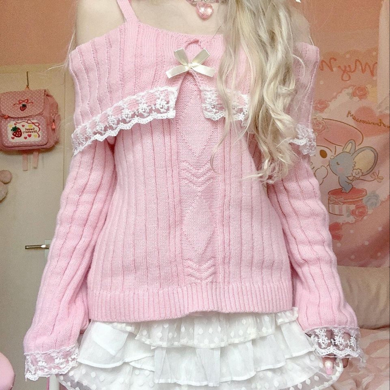 Hübsche süße Outfits Harajuku Cosplay Pullover Kawaii Spitzenbesatz Schulterfrei Pullover Y2K Ästhetische Vintage Langarmpullover