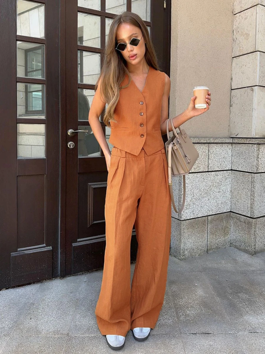 Bronladies Womem Conjunto de dos piezas de chaleco y pantalones elegantes de algodón y lino para mujer, conjuntos elegantes de 2 piezas para oficina y verano, trajes para mujer