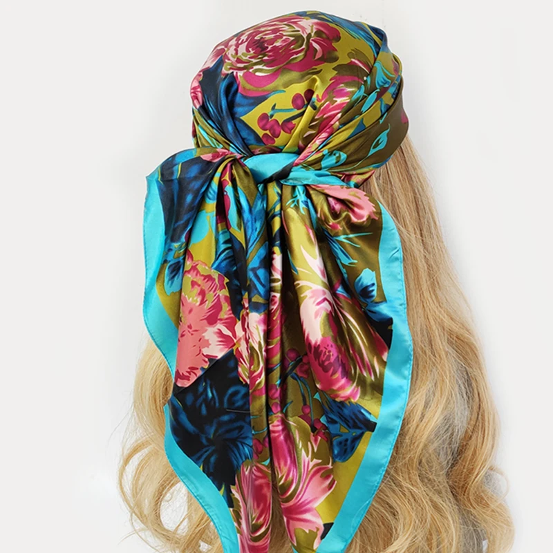 Nuevo bufandas cuadradas de moda de 90x90cm, chales, Hijab de satén de seda, pañuelo estampado a la moda para mujer, pañuelo para la cabeza, bufandas para el cuello para mujer