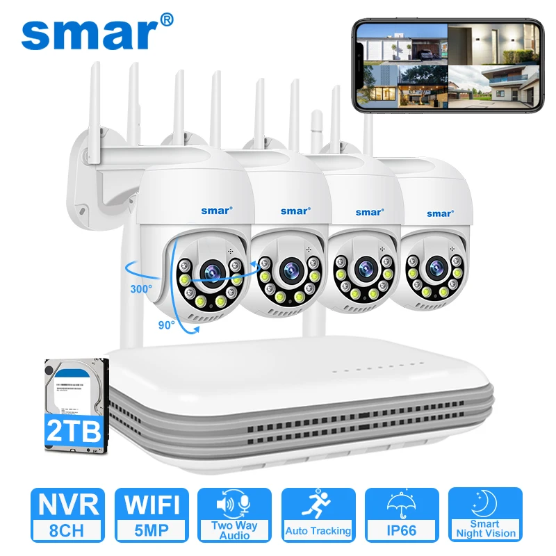 Smar-Kit de cámara inalámbrica para exteriores, sistema de vigilancia de seguridad CCTV con visión nocturna, NVR, 5MP, detección de Humman IA, 3MP, PTZ, WiFi, ICsee, 8 canales