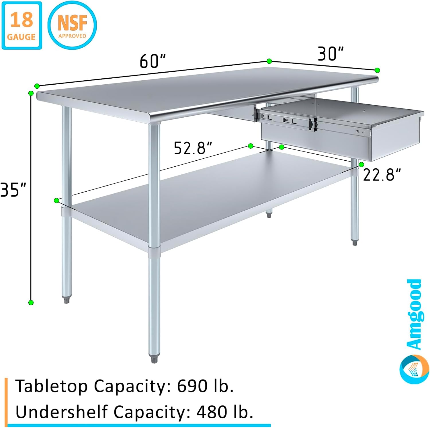 Residential Kitchen Laundry Garage Utility Bench NSF Metal Prep Table (Stainless Steel Table + Drawer, 60" Long x 30" Deep)