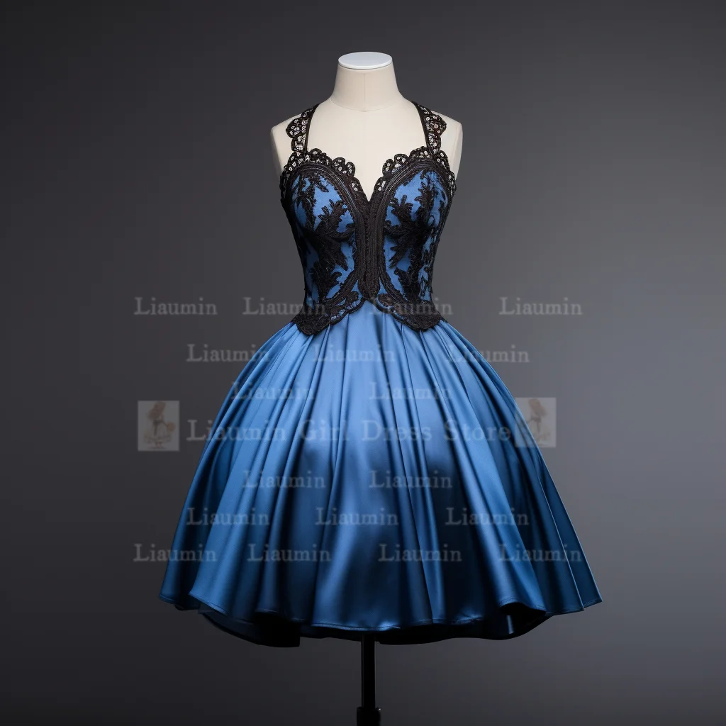 Blaue Satin und schwarze Spitze Rand Applikation träger lose kurze Länge Schnürung zurück Abendkleid Brithday Elagant Kleidung benutzer definierte W1-19