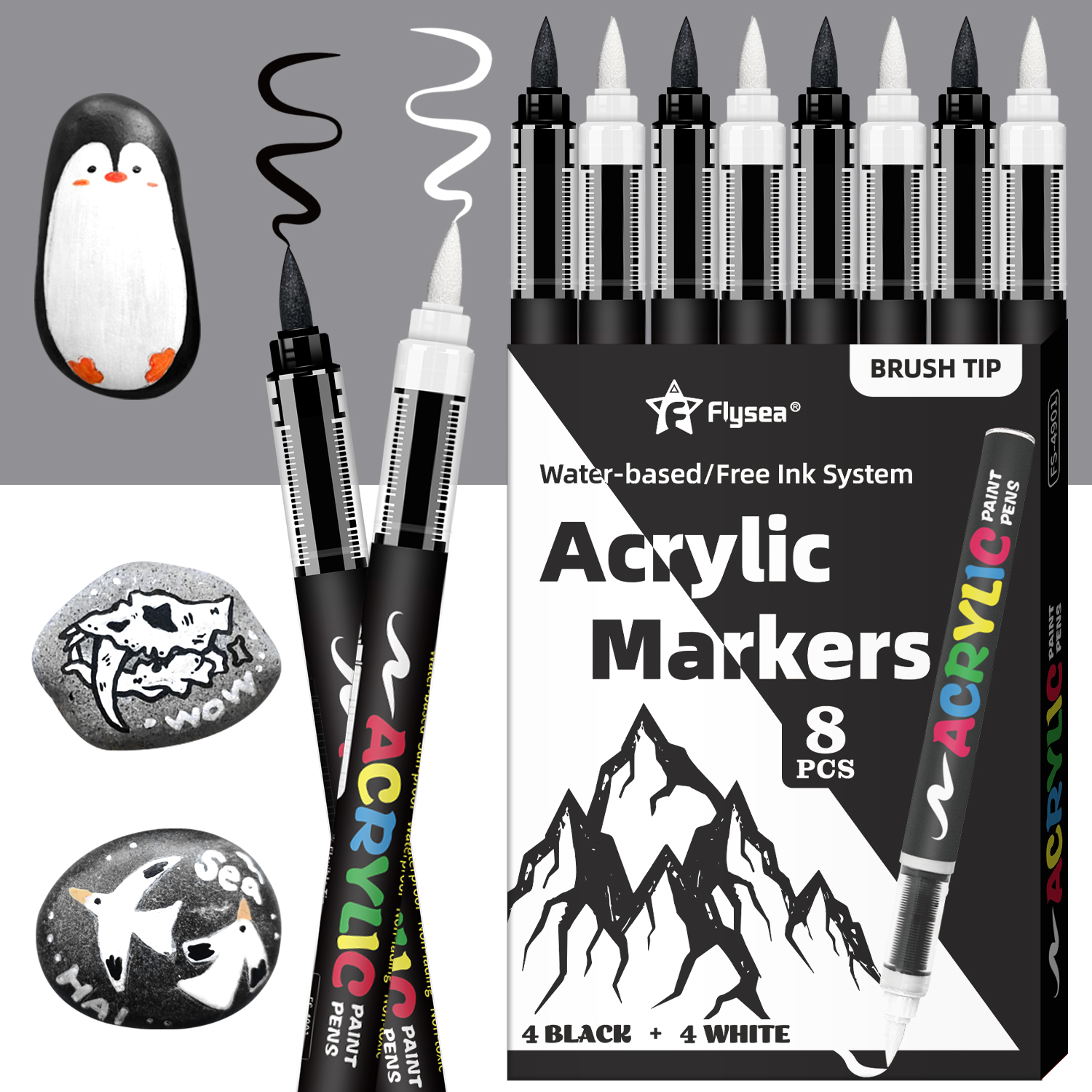 8pcs Black and White Acrylic Paint Markers Set, Large Ink Capacity, Acrylic Markers for Illustration Sketching, Wood, Glass, Fab