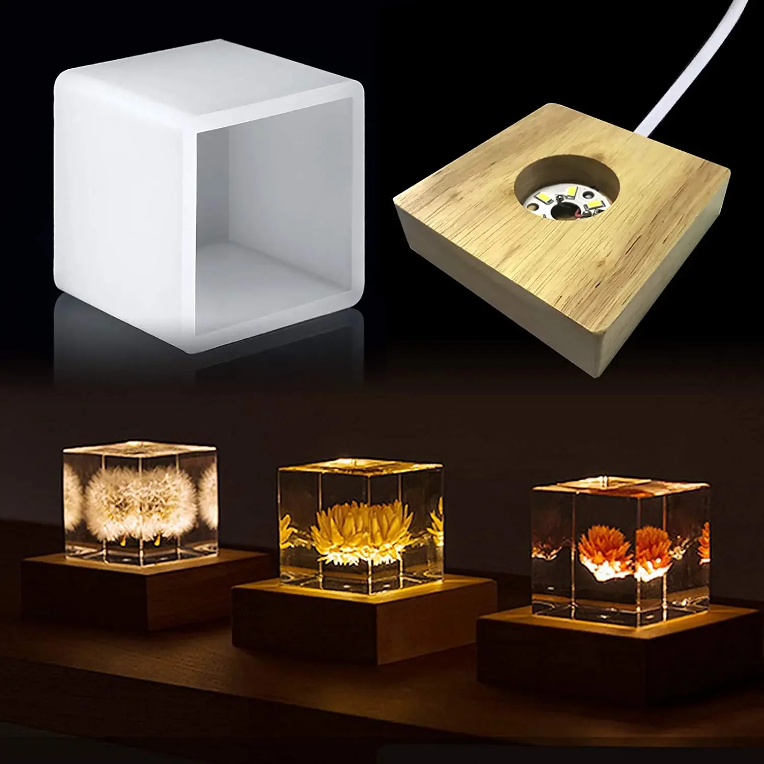 Quadratische helle Harzform, LED-Silikonformen für Harz, Harz-Silikonformen mit beleuchtetem Holzsockelständer für Harzkunst