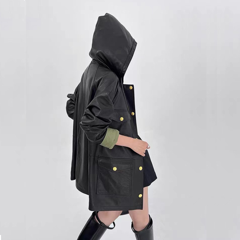 Blusão de couro genuíno feminino, casaco médio longo com capuz, jaqueta casual feminina, roupas grandes para outono e inverno, novas