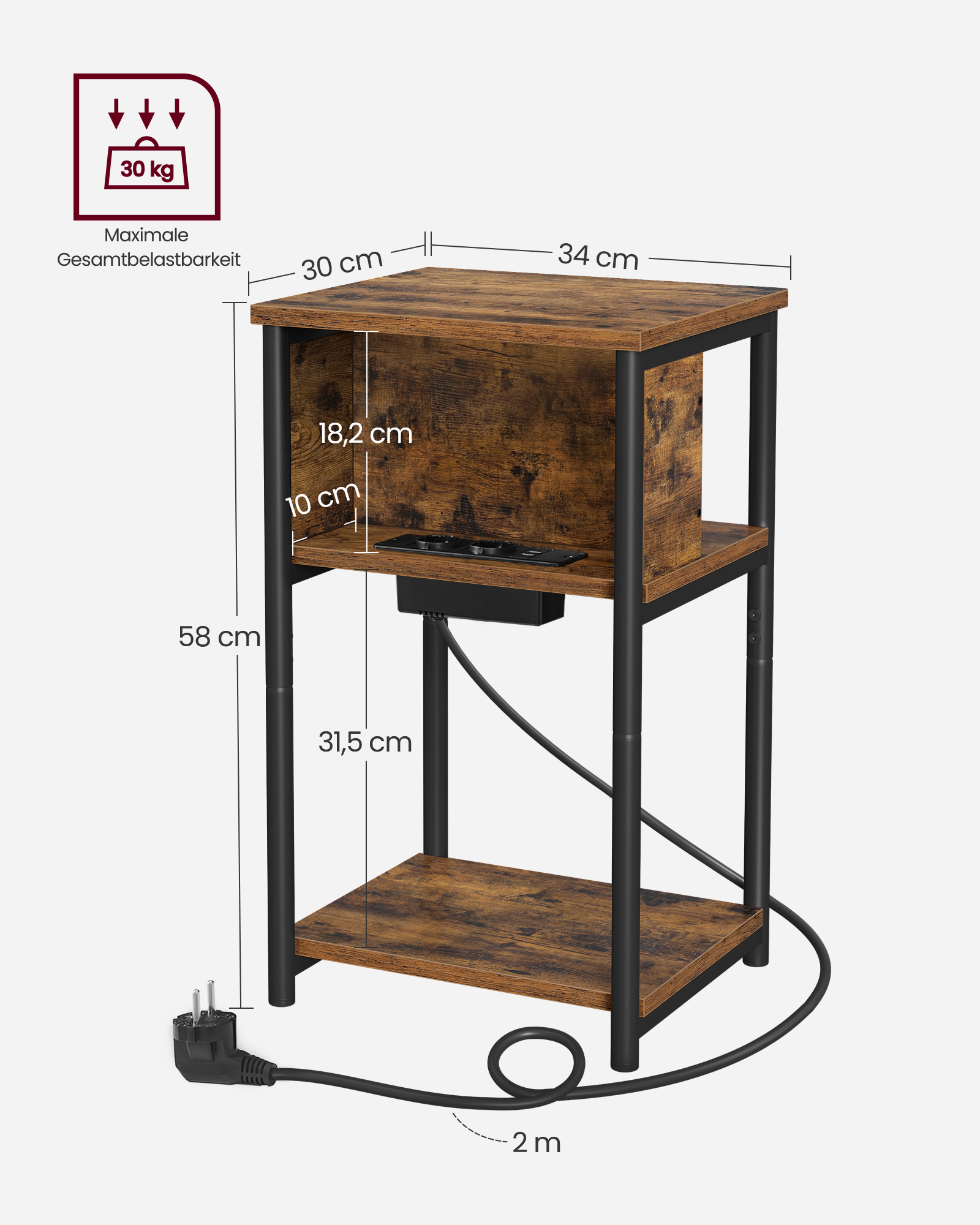 VASAGLE Beistelltisch, Nachttisch mit Steckdose, schmal, 2 AC-Anschlüsse, 2 USB-Anschlüsse, 30 x 34 x 58 cm, für Wohnzimmer