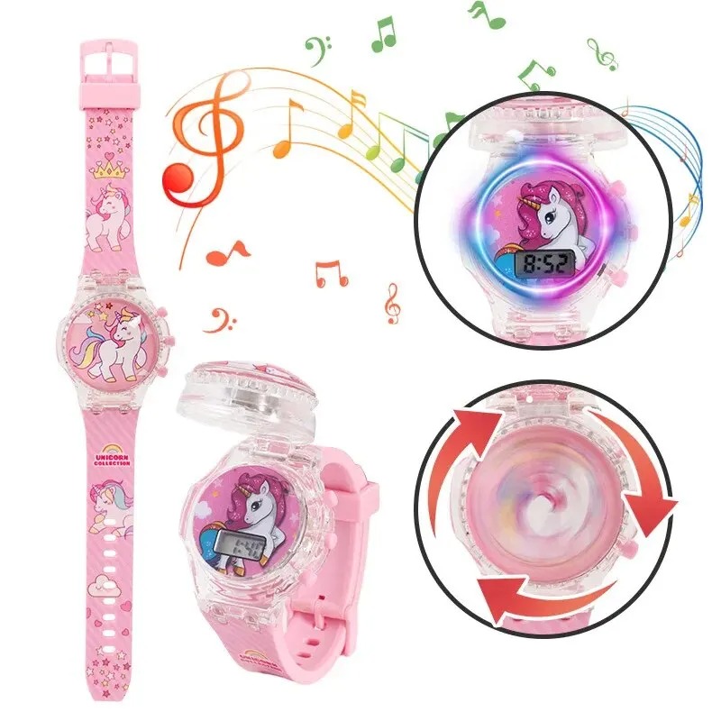 Cute Cartoon Kids Watch Electronic Revolve Flash Light Music Girls bambini orologi da polso Digital Unicorn Party Gifts Toy Clock