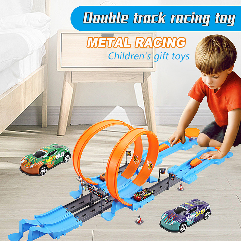Ruedas de coche dobles para niños, modelo de pista de carreras, juguetes DIY, Kits de rieles ensamblados, carril de catapulta, juguete de carreras para niños y niñas, regalos