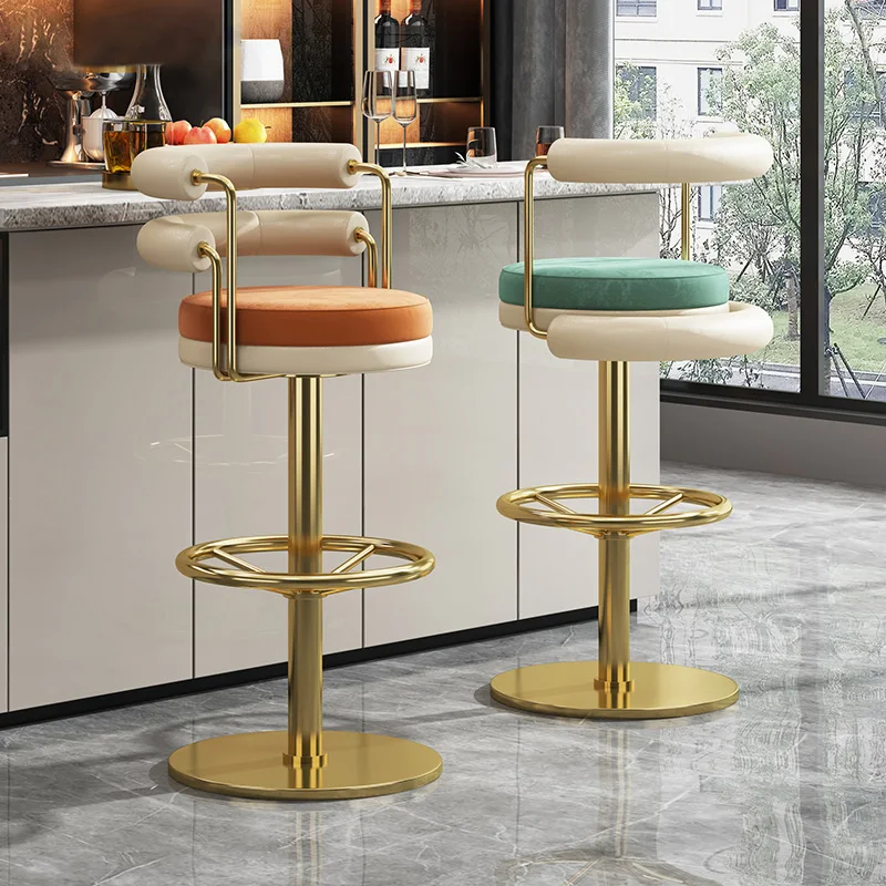 Light luxury high-quality sense of stainless steel bar stools Home high stools with backrest swivel chair front desk stools