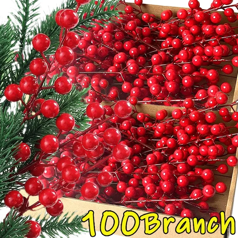 100/5 Uds. De bayas rojas artificiales de Navidad, adorno de tallo, estambre de bayas de acebo rojo, plantas de flores falsas para fiesta de año nuevo, decoración del hogar