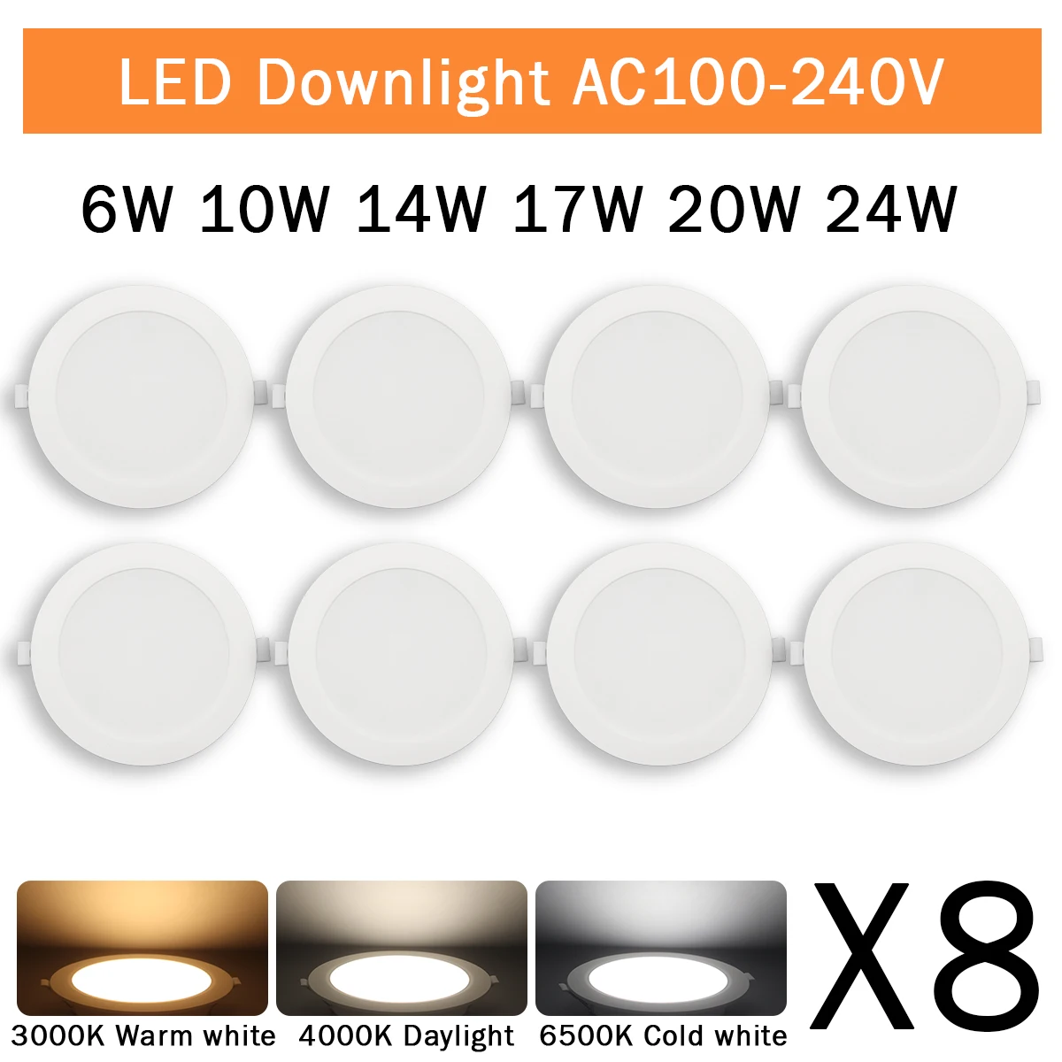 Paquete de 8 luces empotrables Led 3 4 5 6 8 pulgadas 3000K 4000K 6000K Panel de luz Led redondo 110V 220V 230V para iluminación interior del hogar