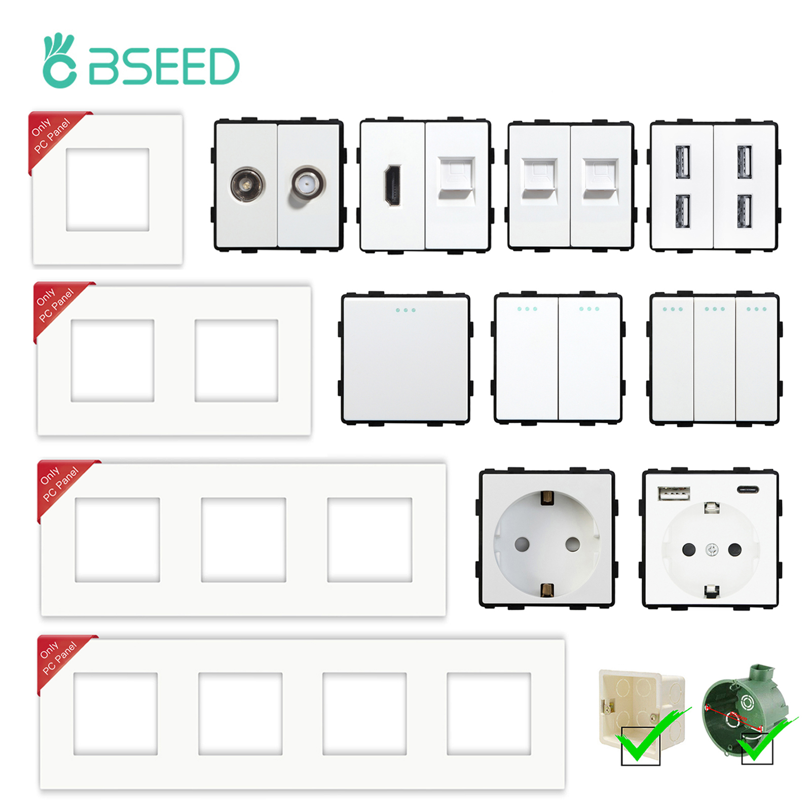 BSEED Матовая пластиковая рамка Настенная вилка европейского стандарта RJ45 TV ST HDMI CAT5/6 USB-розетки Механический переключатель Функциональные детали DIY Бесплатная комбинация