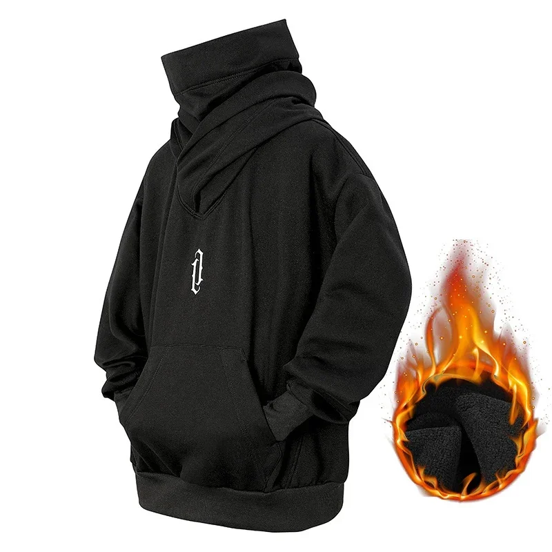 Sudadera con capucha de cuello alto con bordado de otoño para hombre, sudaderas con capucha de gran tamaño de Ninja japonés, ropa informal con bolsillo de lana de Hip Hop, Sudadera con capucha Y2K