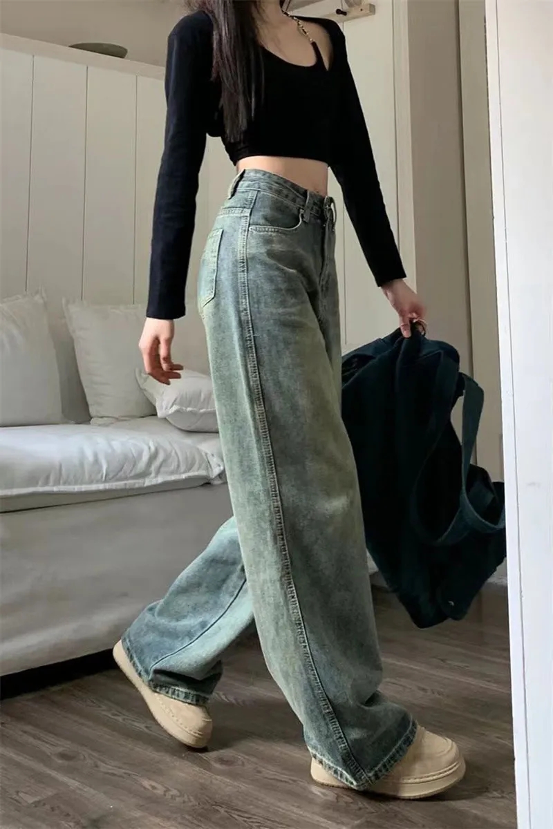 Y2K pantalones vaqueros holgados informales de pierna ancha para mujer, ropa de calle, pantalones vaqueros lavados que combinan con todo, Pantalones rectos de cintura alta Vintage de los años 90