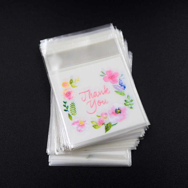 Sacs en plastique auto-adhésifs à fleurs de remerciement, 100 pièces/lot, pour biscuits faits maison, cadeaux de fête, sac d'emballage de bijoux à faire soi-même