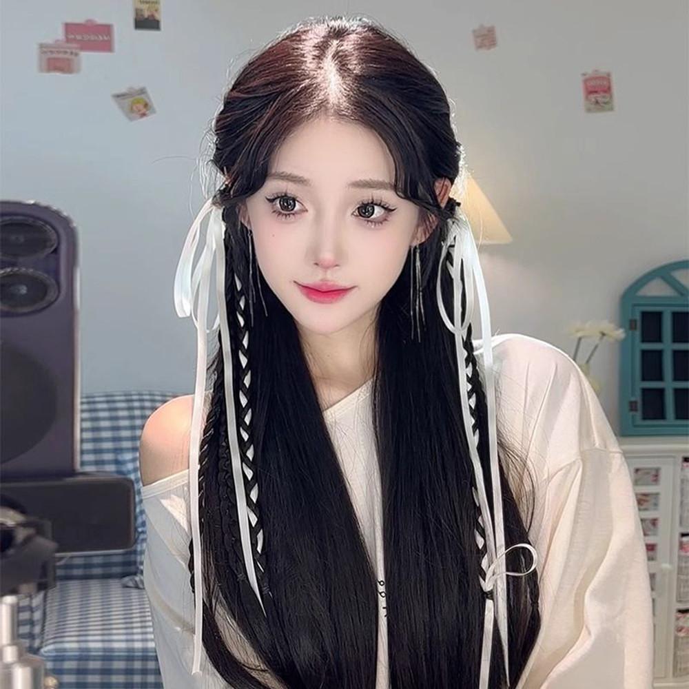 Synthetische Perücke für Damen, 45 cm, doppelter Pferdeschwanz, Clip-Perücke, neuer chinesischer Stil, Schleifenband, gebratener Teig, Wendungen, Haarverlängerung