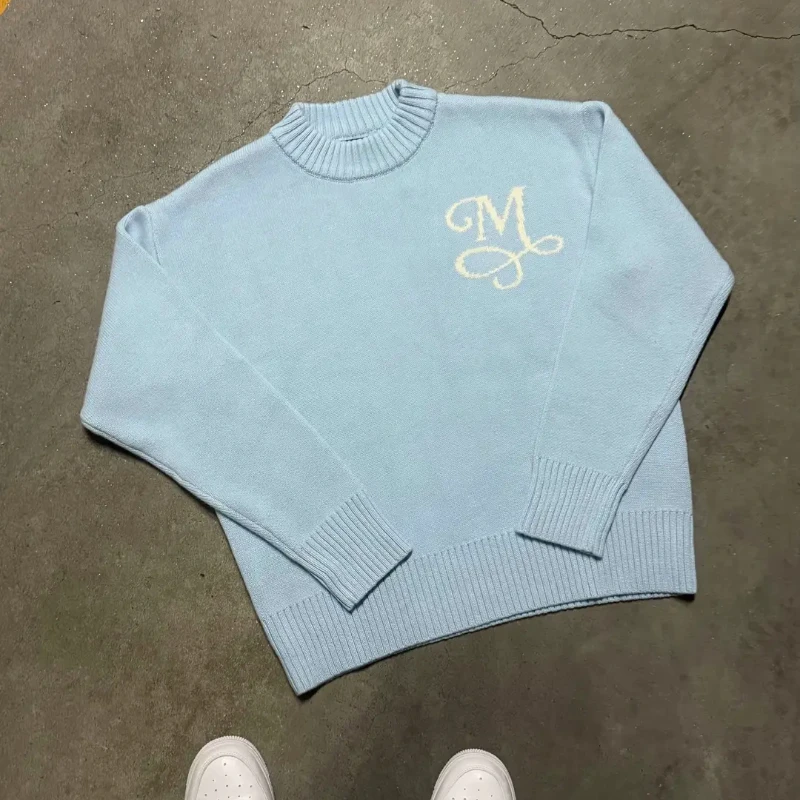 Y2K Retro Langarm Pullover Unterschrift M Logo Muster Pullover Männer Neue Mode High Street Casual Streetwear Boxy Gestrickte Top
