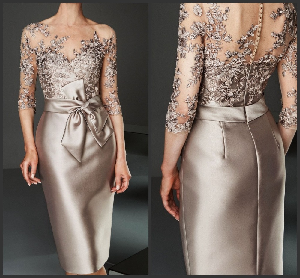 Vintage Lace Appliqued Sheath Mother Of The Bride Dress Plus Size 3/4 Long Sleeves Knee-Length Mother Formal Wedding Guest gown