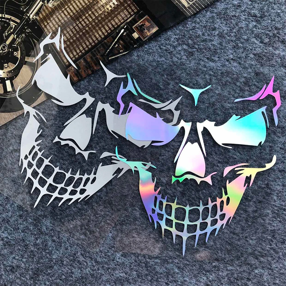 Cabeça de crânio motocicleta reflexiva/laser arco-íris adesivos decoração moto capacete motor scooter corpo pára-brisa acessórios decalques