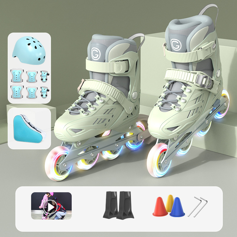 Inline-Rollschuhe mit Helm, Ellenbogen und Knieschützern, Schuhtaschen-Set, Flash 4-Räder, Turnschuhe für Jungen und Mädchen, verstellbare Skateschuhe