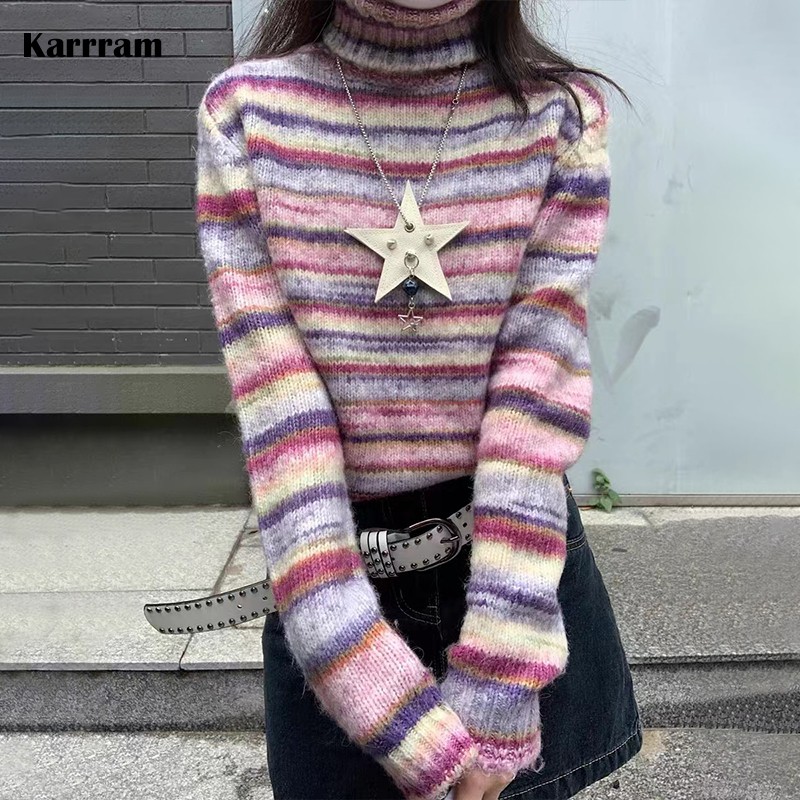 Karrram 日本 Y2k タートルネックセーターヴィンテージレインボーストライププルオーバー韓国ファッションニットジャンパー原宿グランジニットウェア