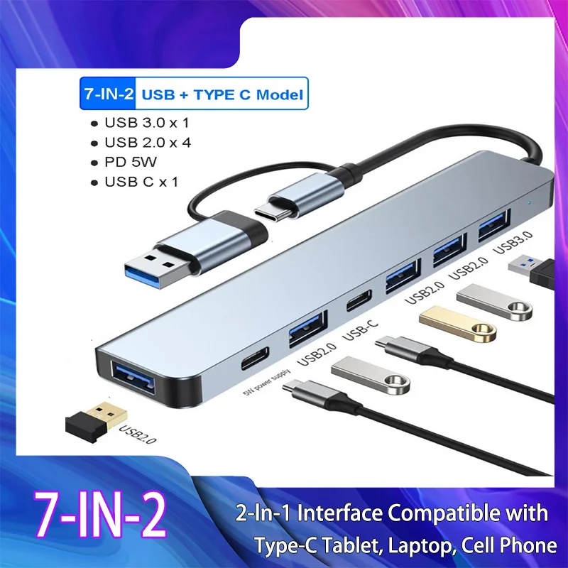 USB-Cハブ USB 3.0ハブ Cポート - 7ポートUSBハブ USBスプリッター（USB 3.0、4つのUSB 2.0ポート、2つのUSB-Cポート搭載）USB分配器