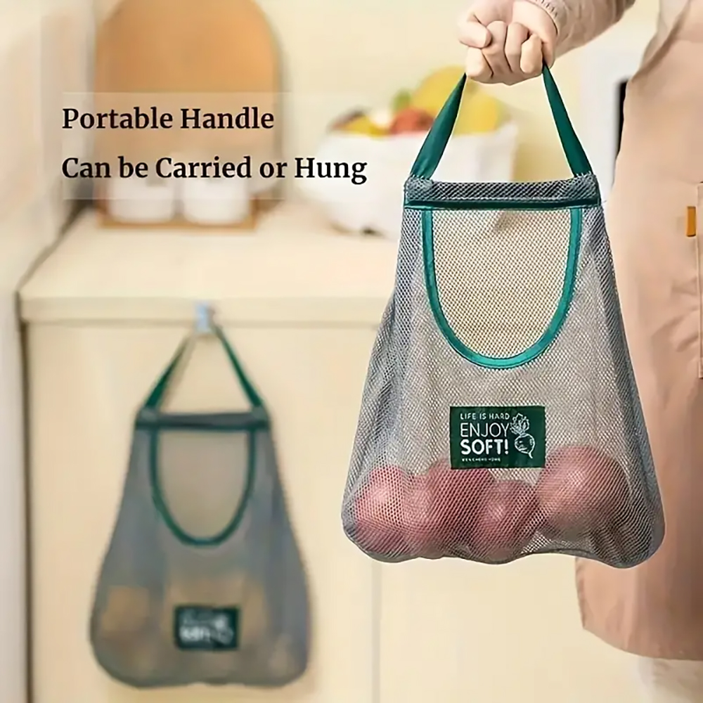 Bolsa de almacenamiento de malla transpirable montada en la pared con asa, hecha de poliéster, adecuada para guardar y organizar verduras de cocina,